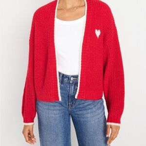 Red Heart-Embroidered Women Sweater Open Front New XS Cozy Chunky Knit Old Navy